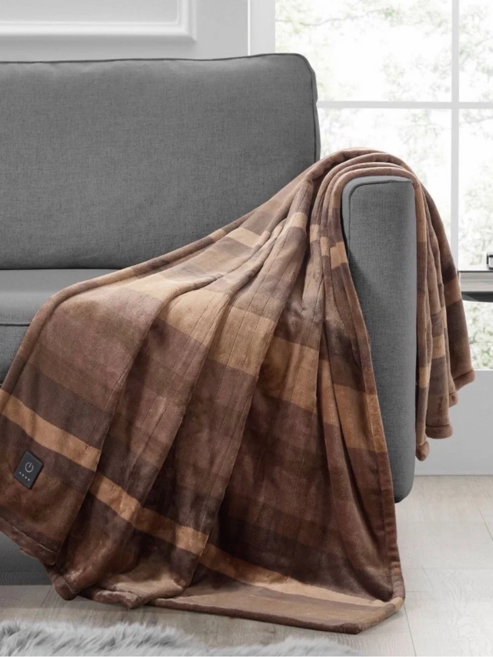 Brookstone Cozy Heated Printed Plush Throw - 50” x 60” - Brown Plaid